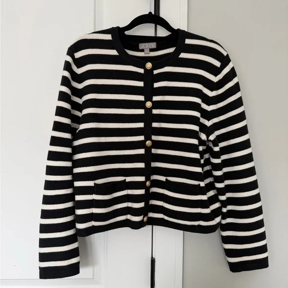 J. Crew Black and White Striped Knit Cardigan with Gold Button - Picture 2 of 4